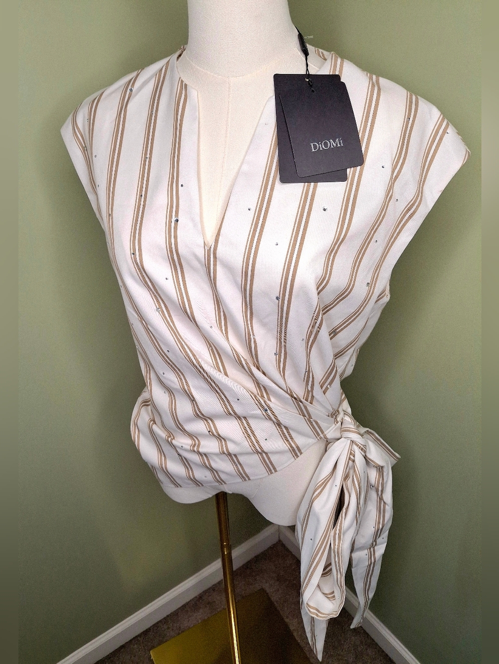 DIOMI Faux Wrap Tie Top Cream Neutral Stripe Rhinestone Blouse Size S NWT